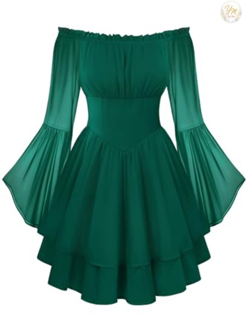 Women Off Shoulder Bell Sleeve Corset Mini Dress Chiffon Smocked Fairy Peasant